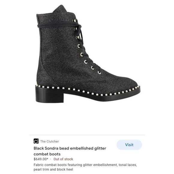 Stuart Weitzman|Sondra Bead Embellished Black Glitter Combat Boots, 6 - Picture 3 of 16